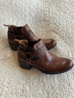 Distressed Brown Leather Ankle Booties with Studded Strap